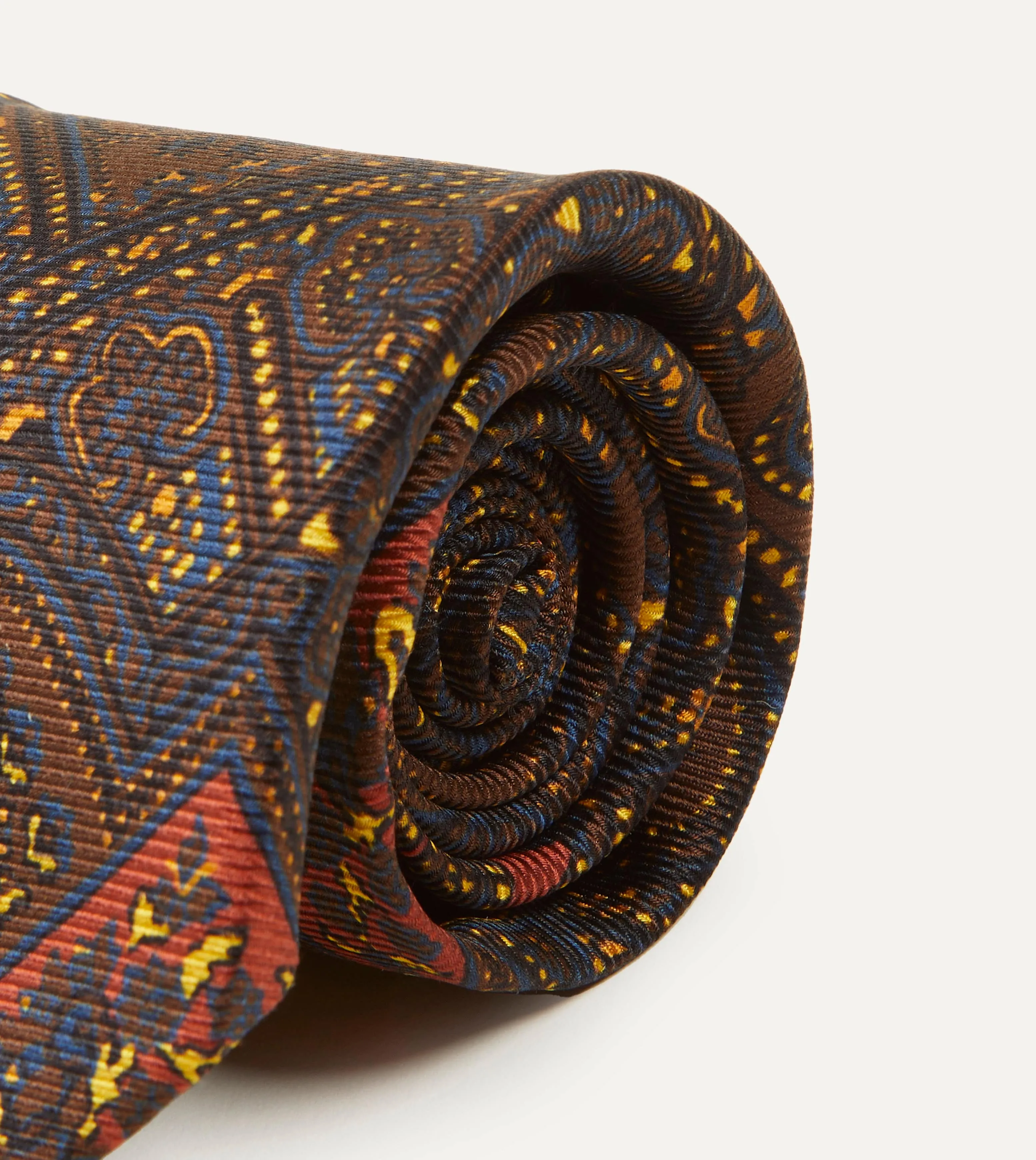 Brown, Navy and Red Paisley Print Madder Twill Silk Tie