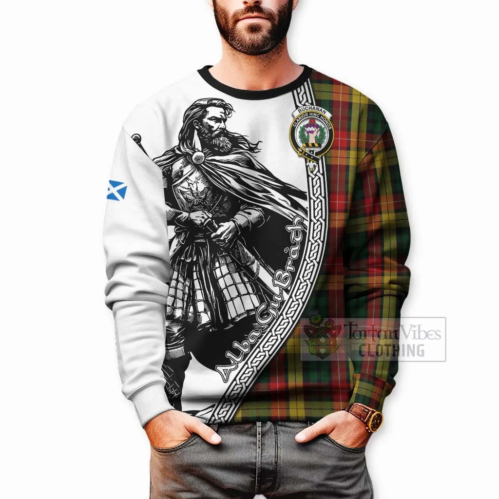 Buchanan Tartan Clan Crest Sweatshirt with Highlander Warrior Celtic Style