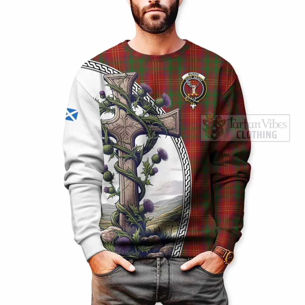 Burns Tartan Sweatshirt with Family Crest and St. Andrew's Cross Accented by Thistle Vines