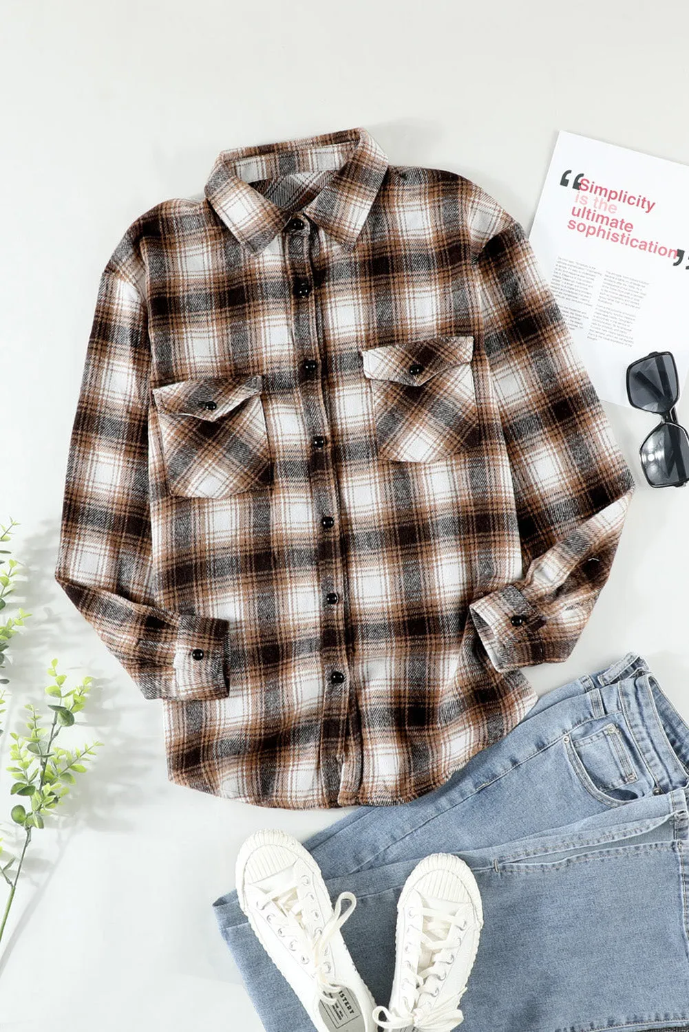 Button Up Collared Plaid Shirt for Women