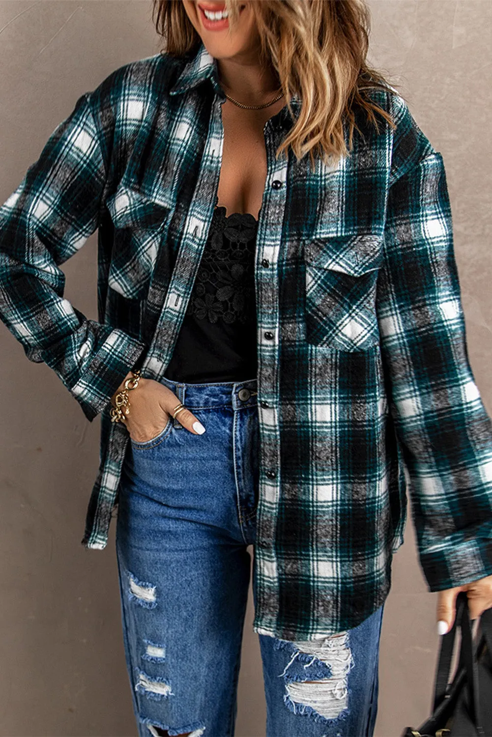 Button Up Collared Plaid Shirt for Women