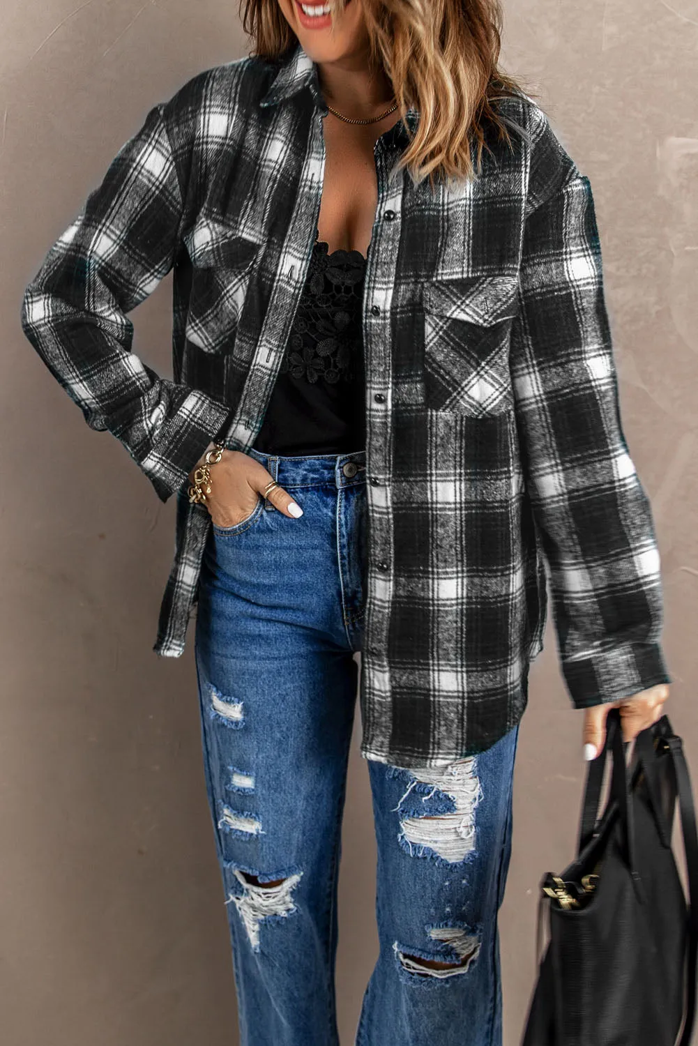 Button Up Collared Plaid Shirt for Women