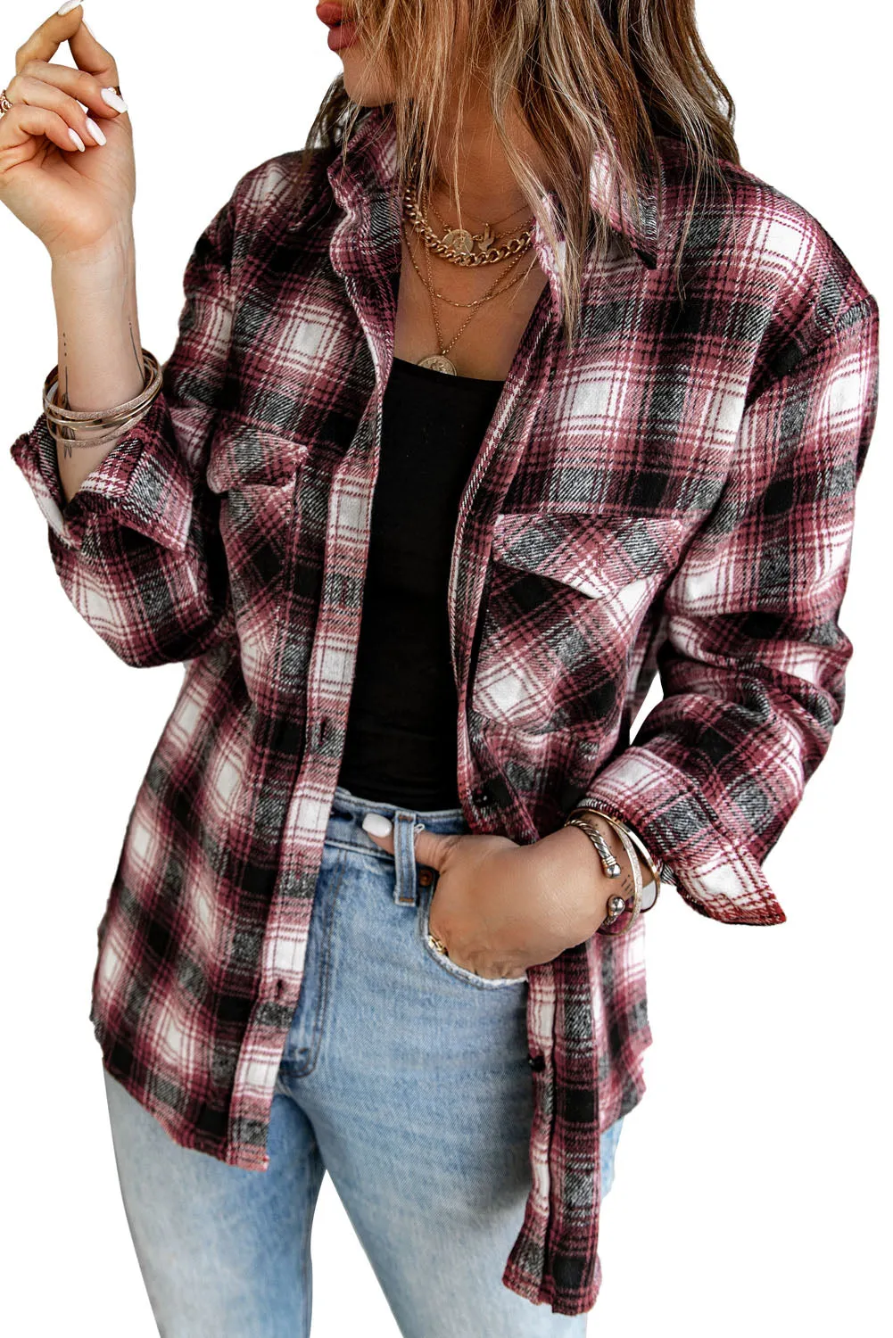 Button Up Collared Plaid Shirt for Women