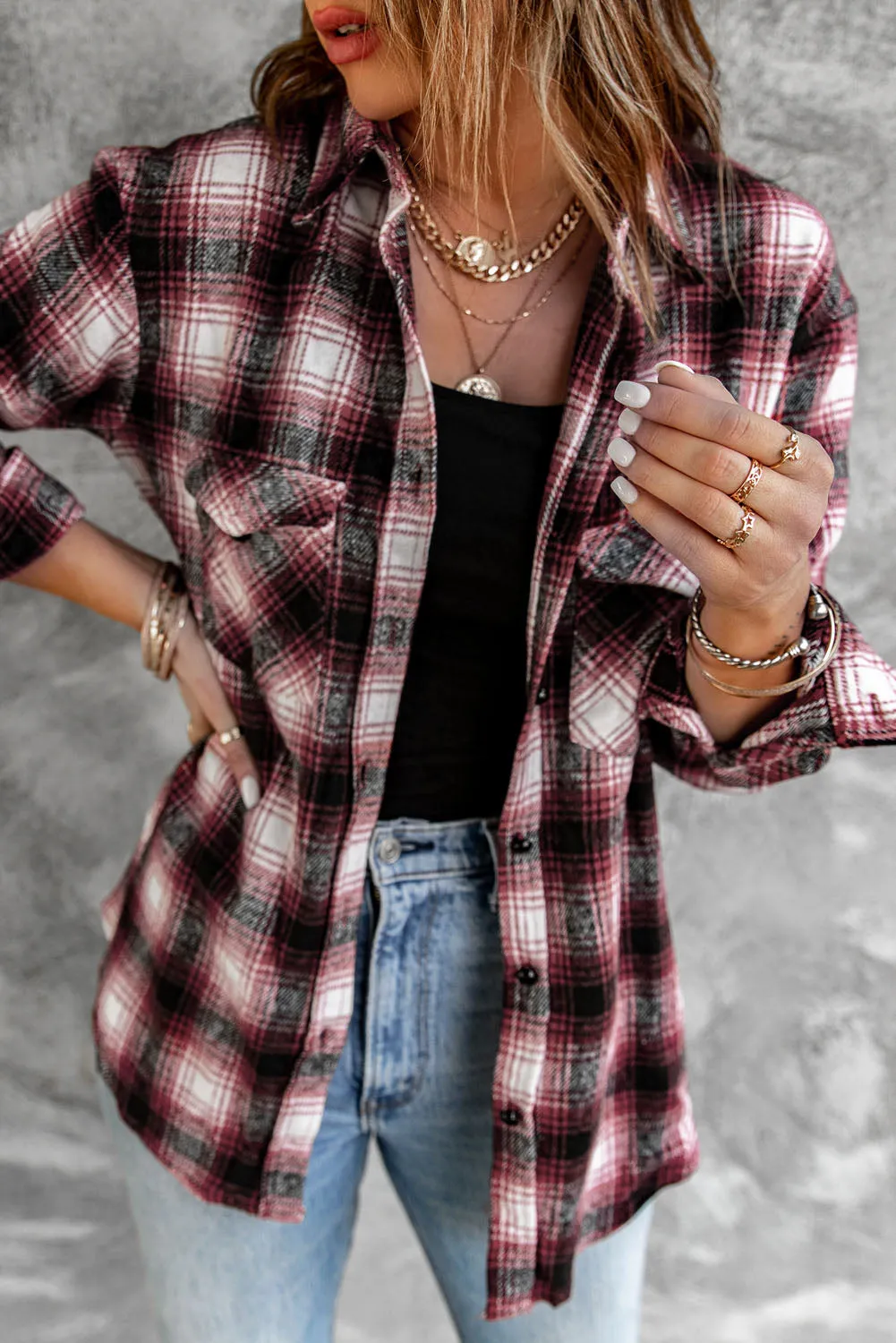 Button Up Collared Plaid Shirt for Women