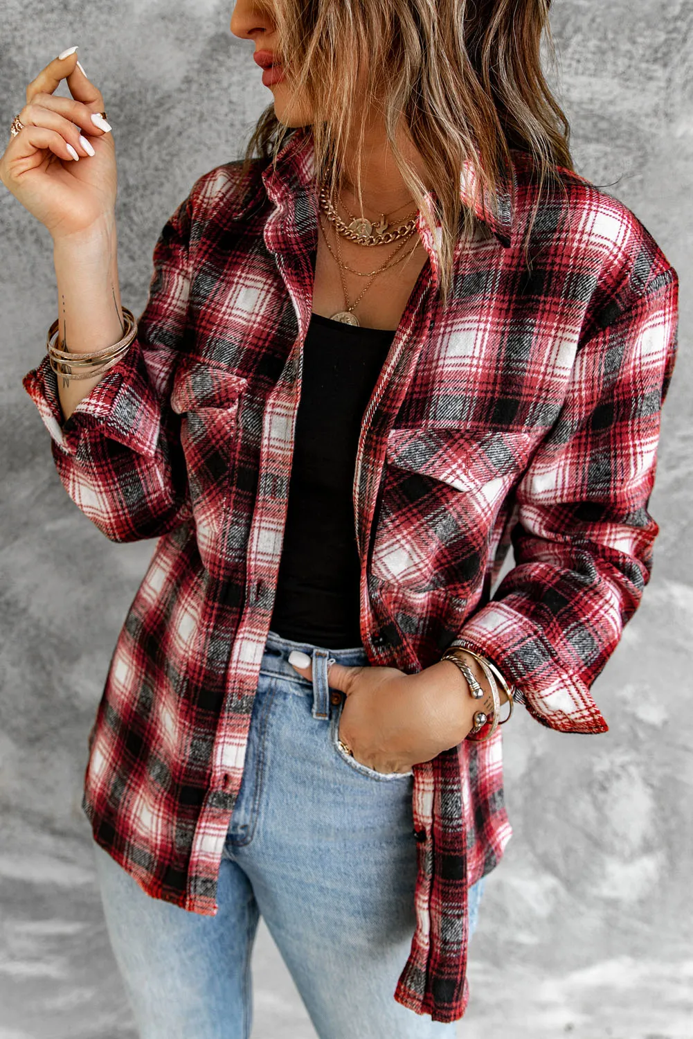 Button Up Collared Plaid Shirt for Women