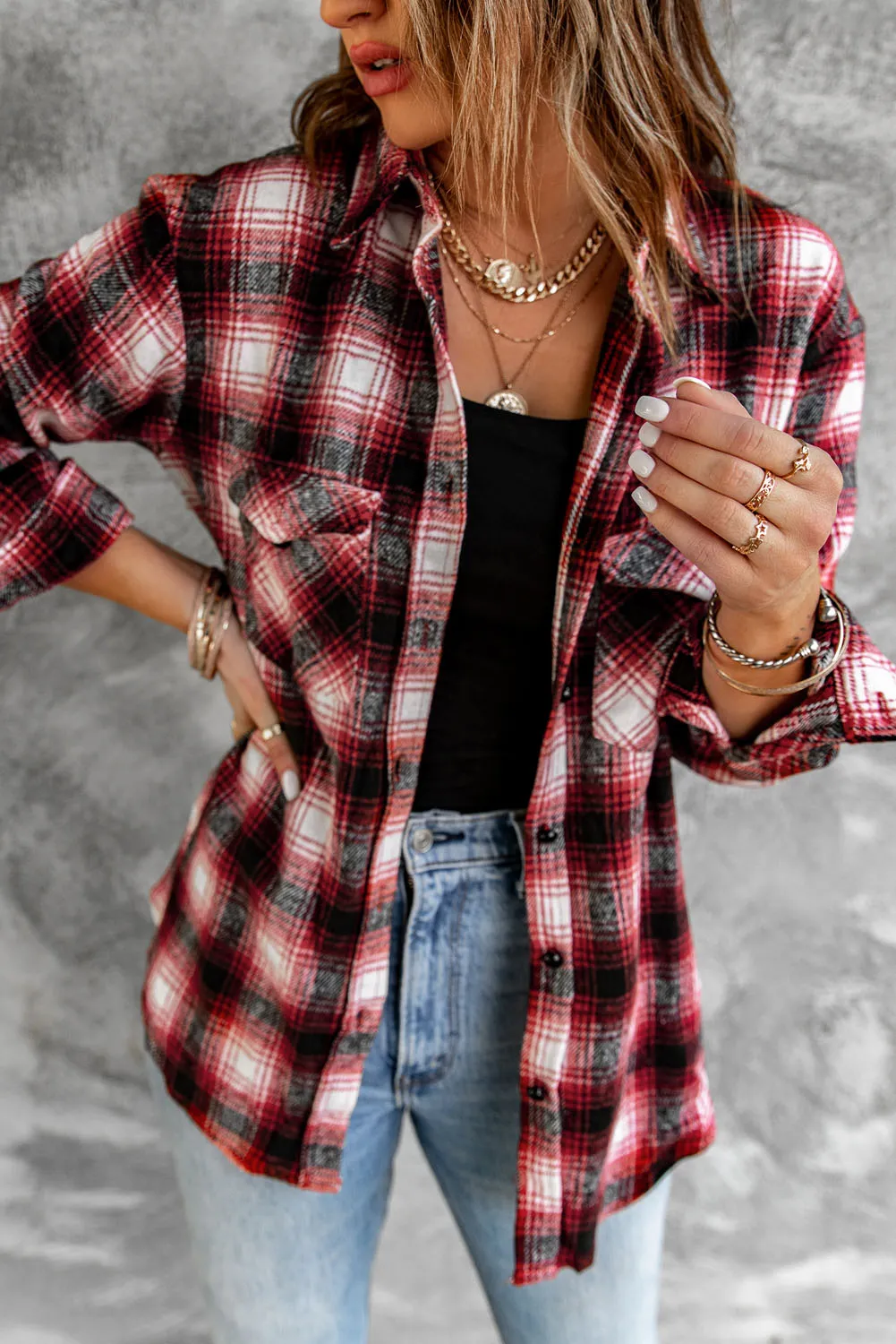 Button Up Collared Plaid Shirt for Women