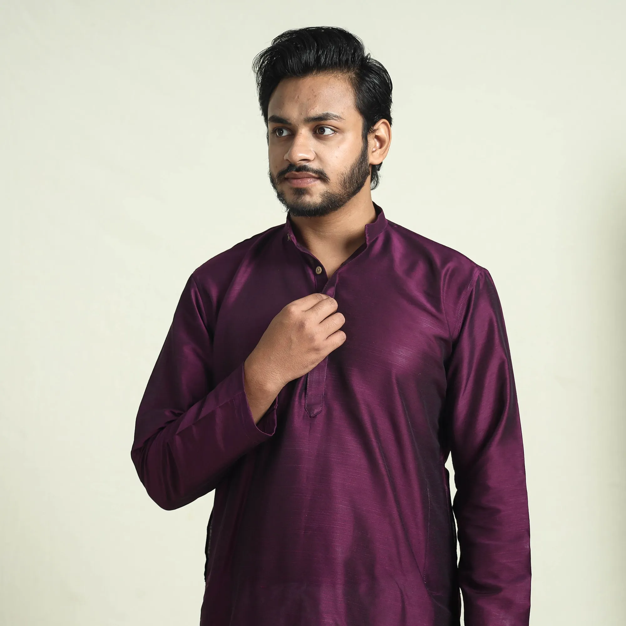 Byzantium Purple - Plain Dyed Slub Silk Men Long Kurta