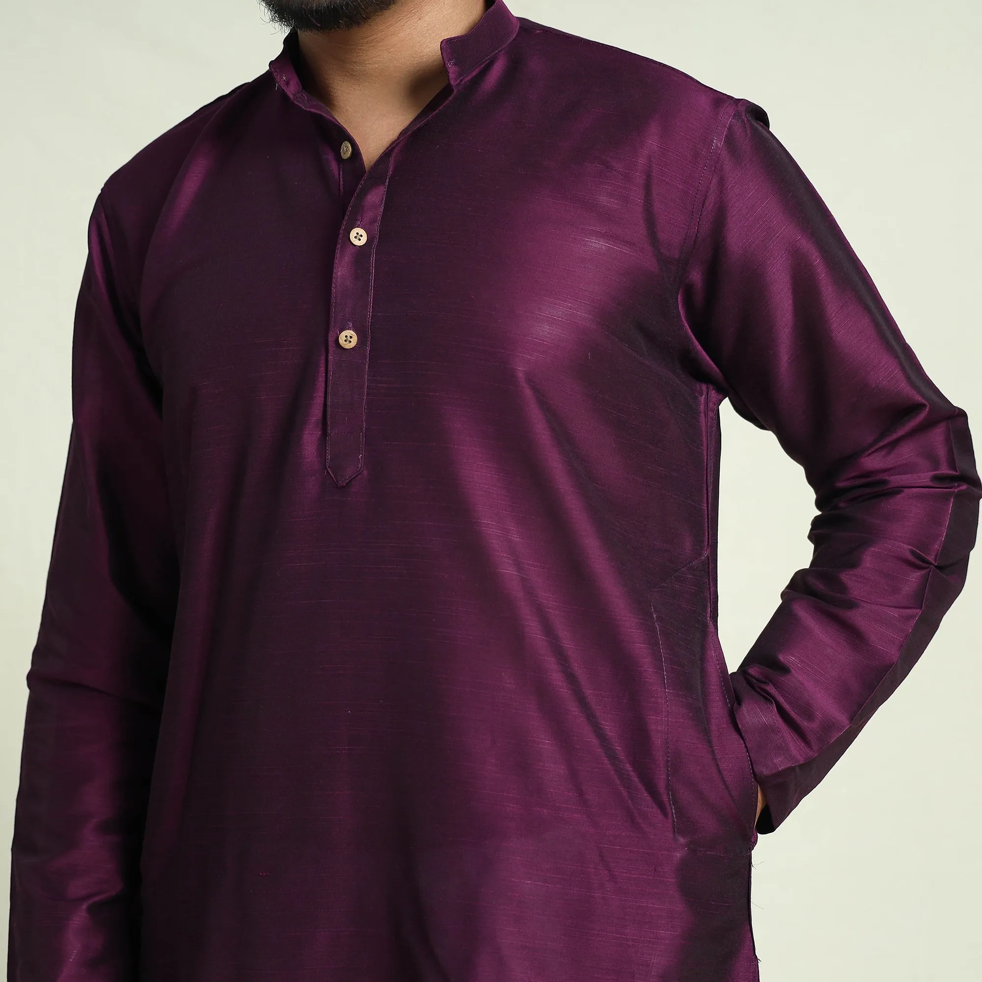 Byzantium Purple - Plain Dyed Slub Silk Men Long Kurta