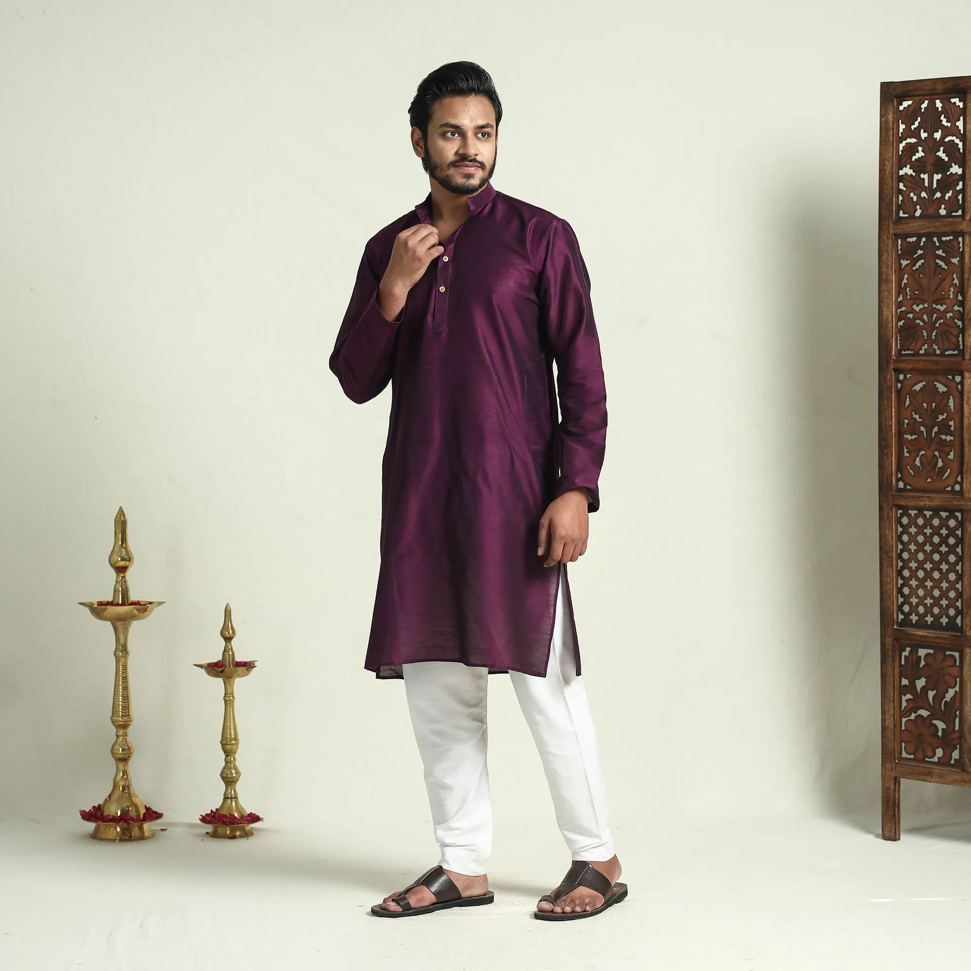 Byzantium Purple - Plain Dyed Slub Silk Men Long Kurta