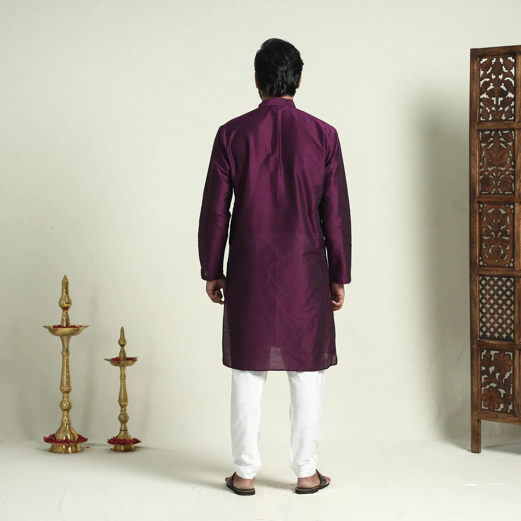 Byzantium Purple - Plain Dyed Slub Silk Men Long Kurta