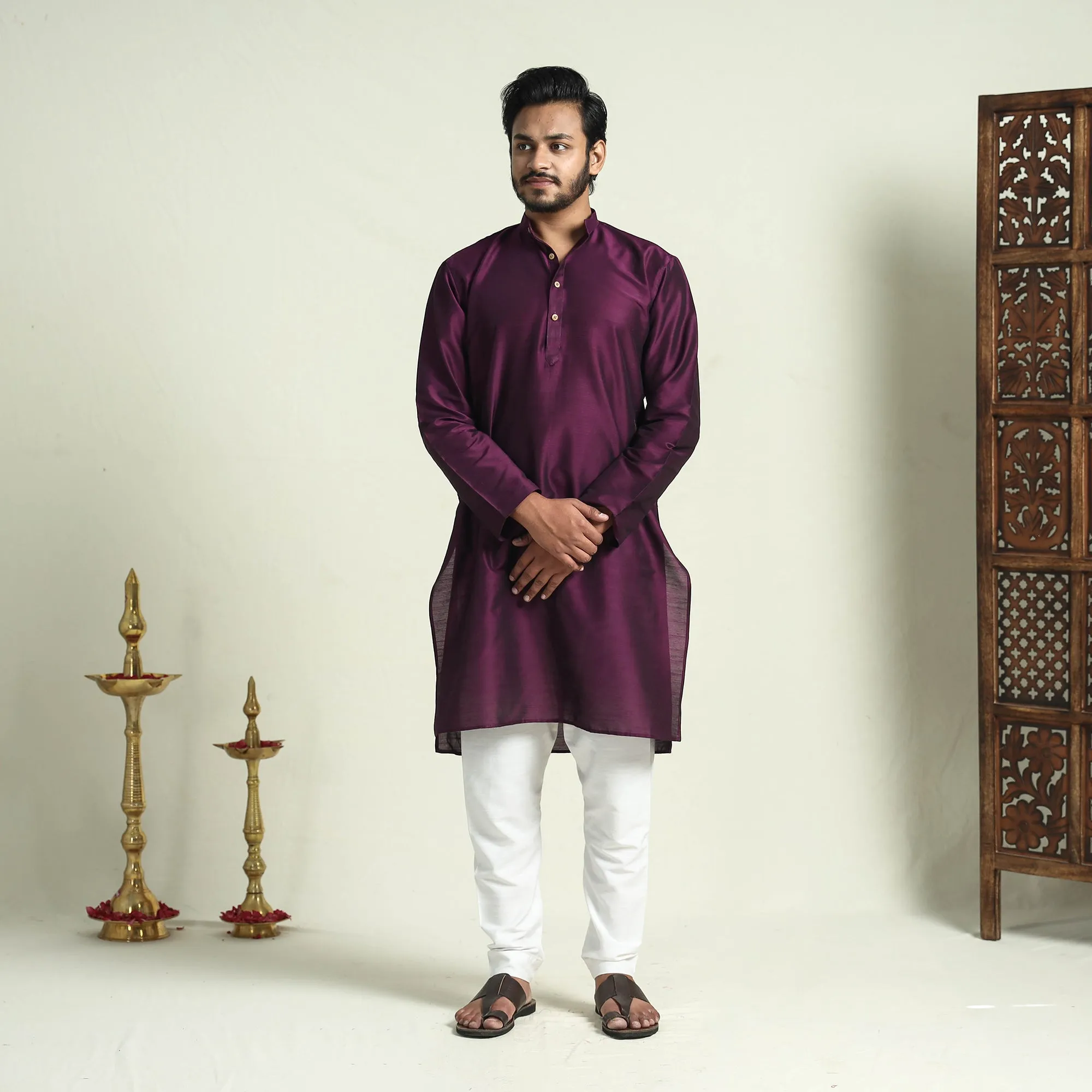 Byzantium Purple - Plain Dyed Slub Silk Men Long Kurta