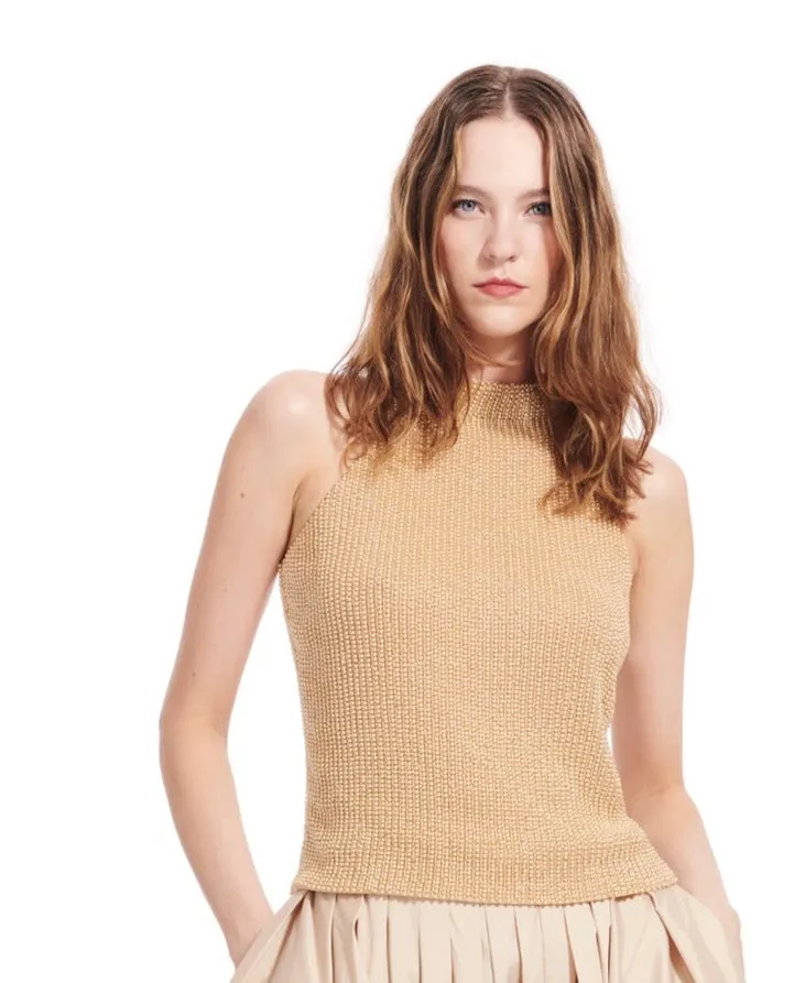 CHAMPAGNE PEARL ENCRUSTED SLEEVELESS MOCK NECK