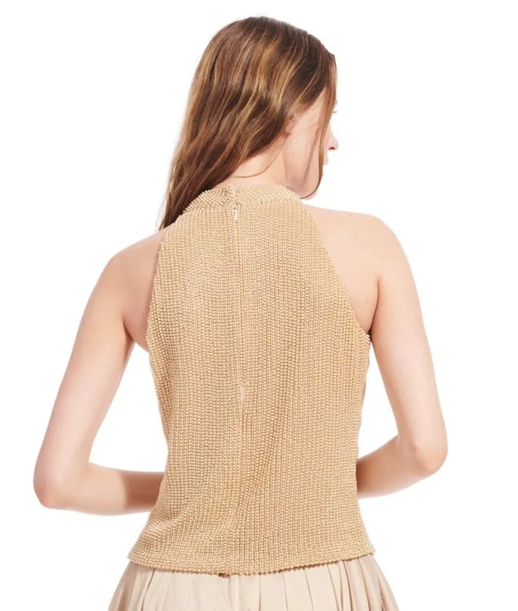 CHAMPAGNE PEARL ENCRUSTED SLEEVELESS MOCK NECK