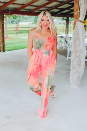 Chic Vibes Tie Dye Jumpsuit - Coral/Multi