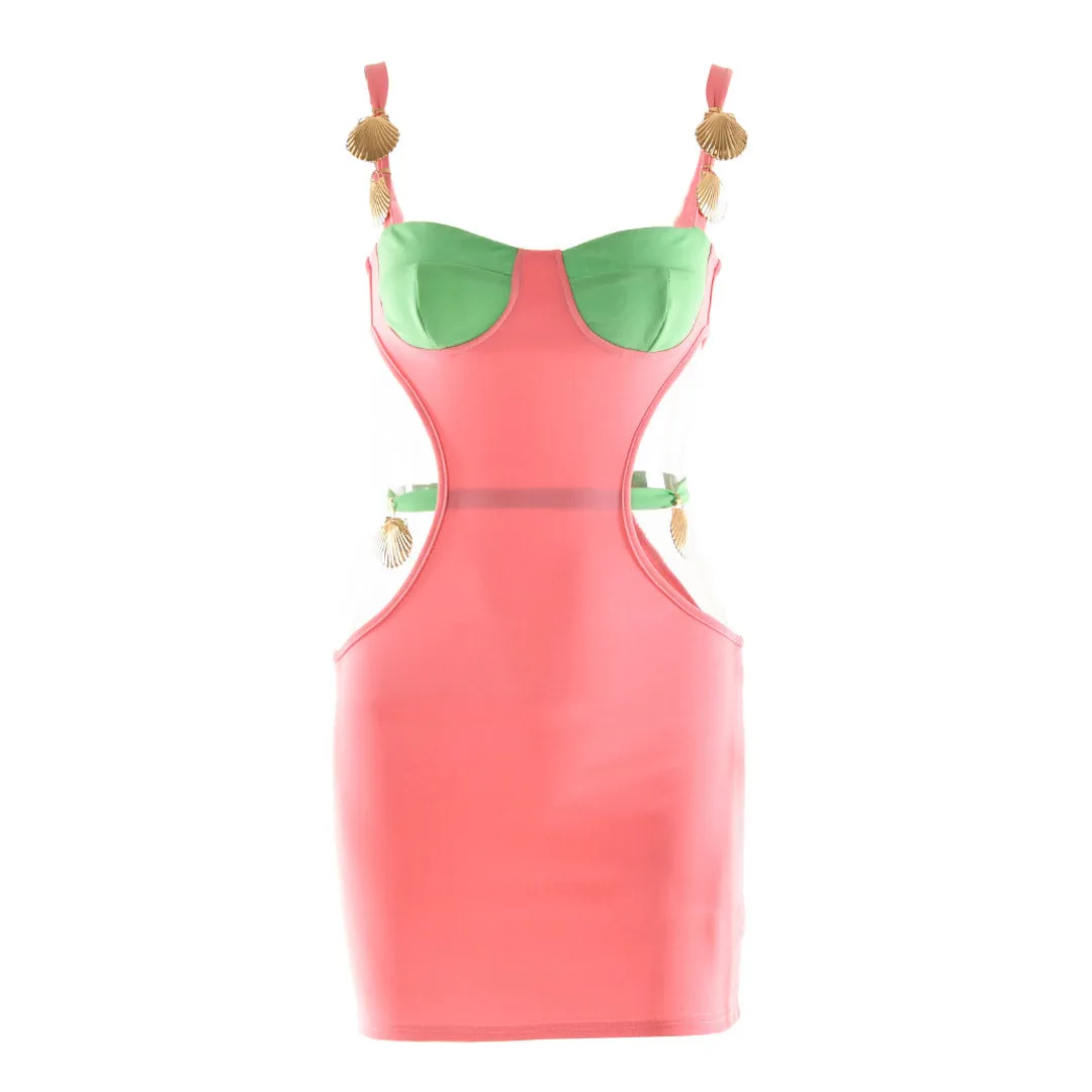 Contrast Color Shells Sleeveless Cutout Party Mini Dress - Pink