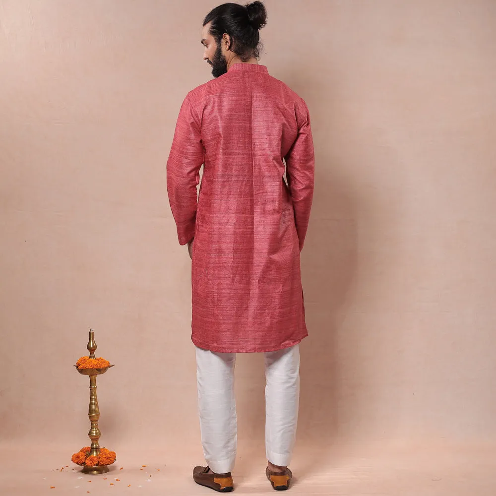 Coral Pink - Men Tussar Ghicha Silk Handloom Long Kurta