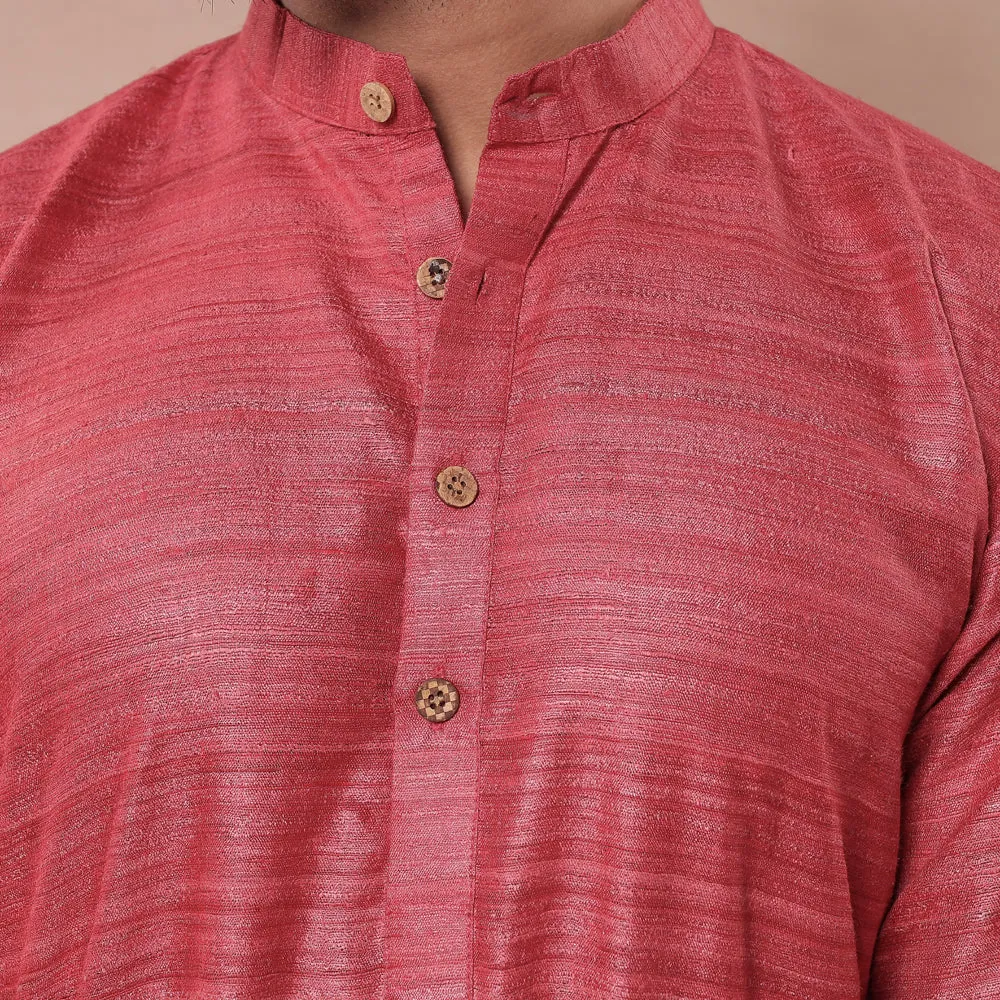 Coral Pink - Men Tussar Ghicha Silk Handloom Long Kurta