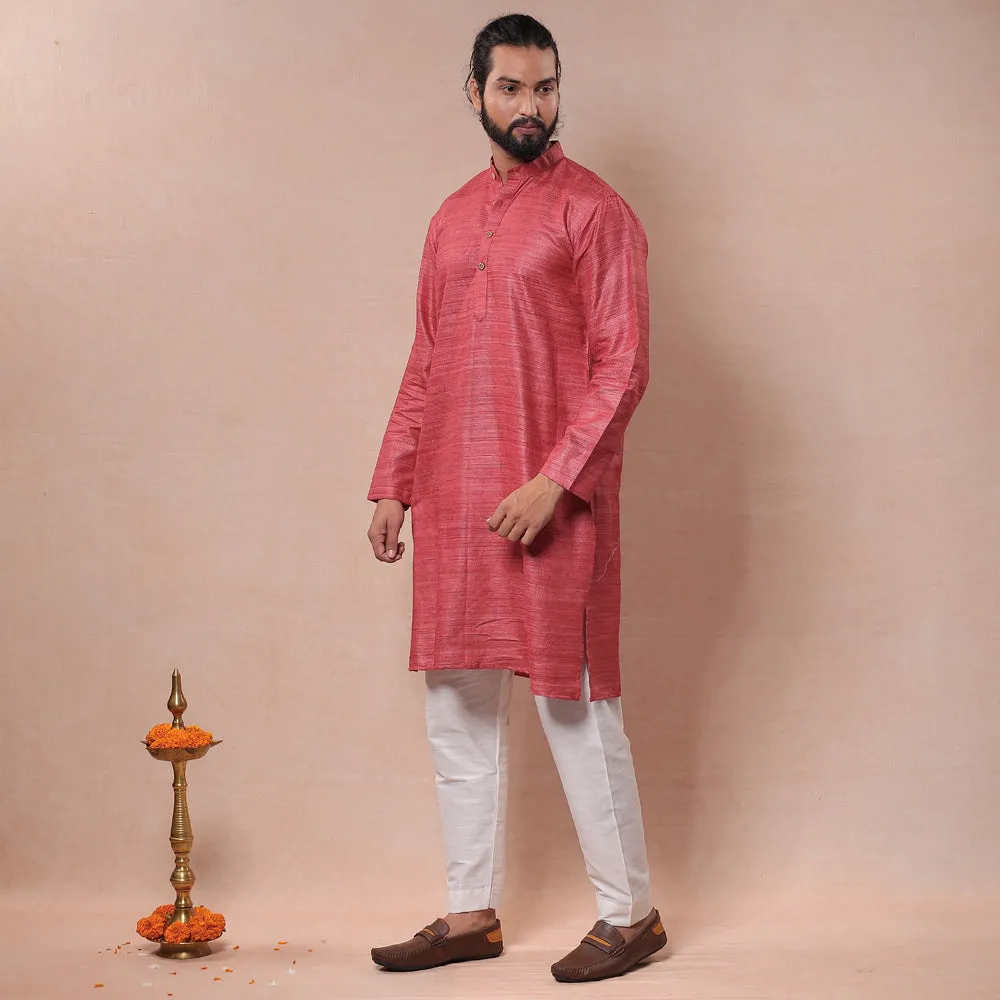 Coral Pink - Men Tussar Ghicha Silk Handloom Long Kurta