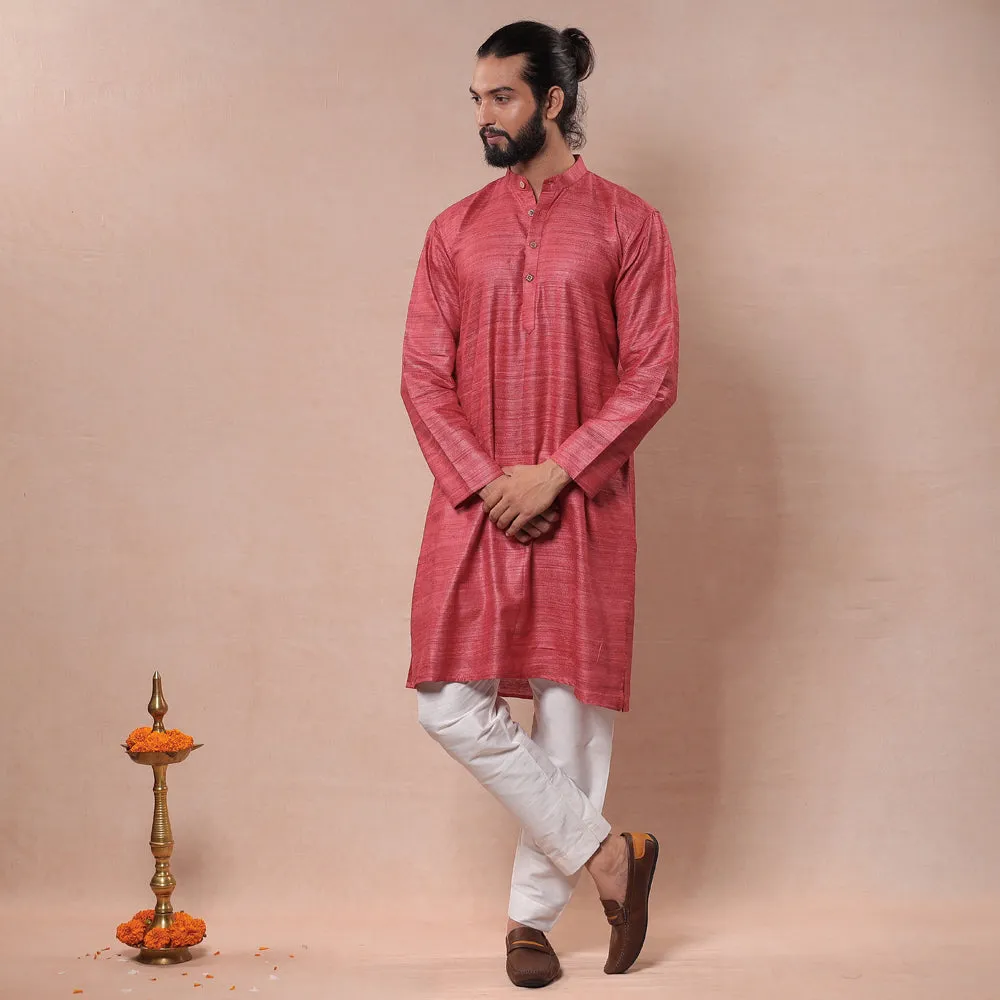 Coral Pink - Men Tussar Ghicha Silk Handloom Long Kurta