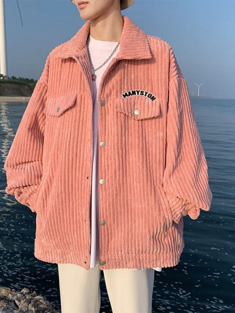 Corduroy Lapel Jacket Men High Street Preppy Button Up Coat Spring Autumn Unisex Kpop Letter Embroidery Varsity Jacket