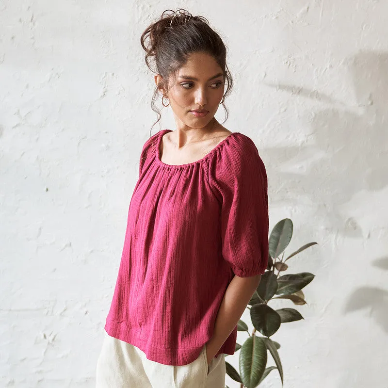 Cotton Solid Top For Women | Relaxed Fit | Off Shoulder | Red