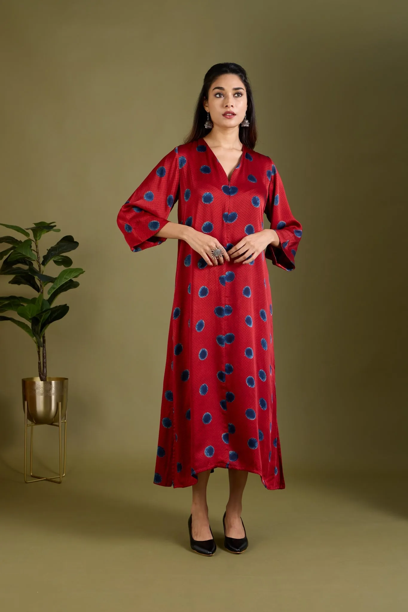 Crimson Constellations Modal Silk Front Zipper Dress