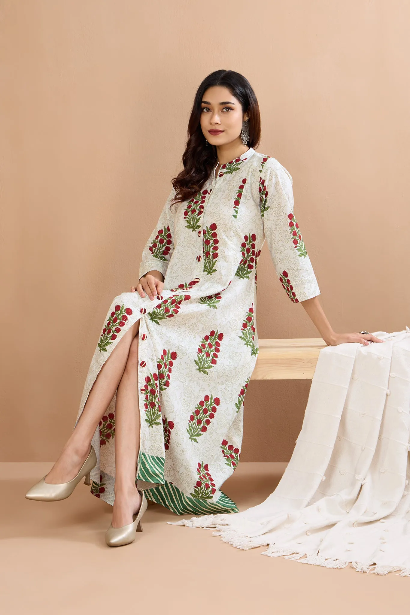 Crimson Gladiolus Long Maxi Button Cotton Down Dress