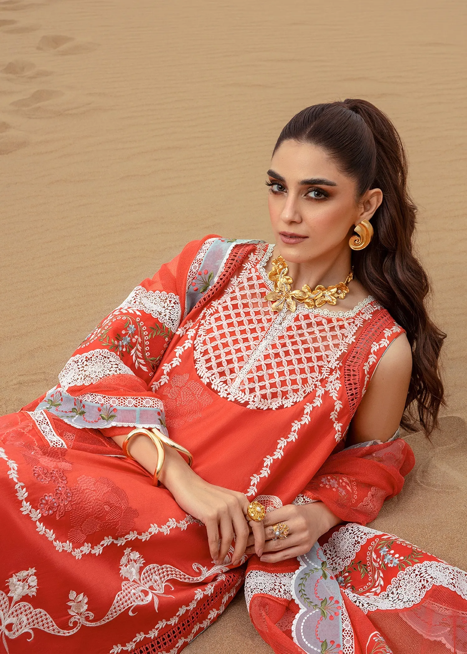 Crimson X Saira Shakira Luxury Lawn 2024 – Stars of Fire - Fiesta Coral