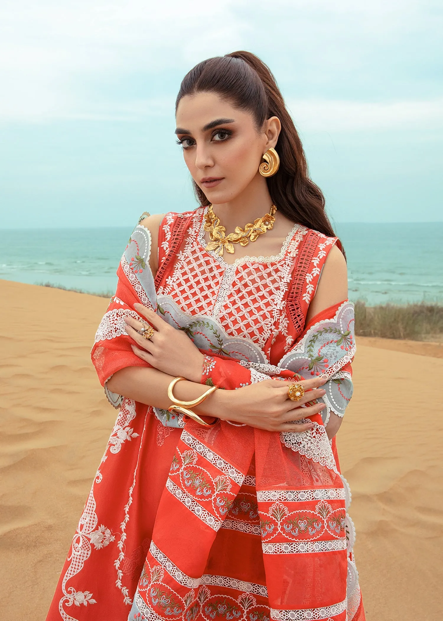 Crimson X Saira Shakira Luxury Lawn 2024 – Stars of Fire - Fiesta Coral