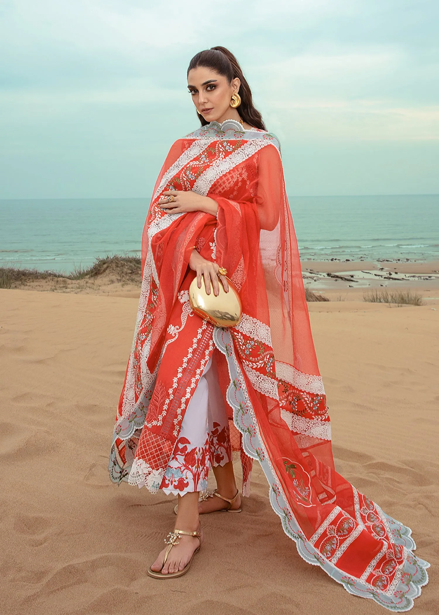 Crimson X Saira Shakira Luxury Lawn 2024 – Stars of Fire - Fiesta Coral