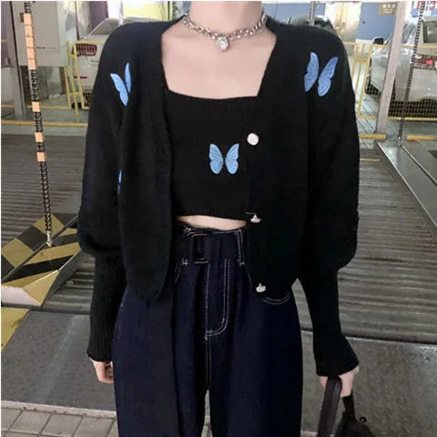 Darianrojas outfit Autumn New Korean Style Preppy Style Butterfly Embroidered Princess Sleeve Short Sling Coat Two-Piece Cardigan for Women