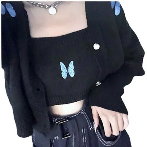 Darianrojas outfit Autumn New Korean Style Preppy Style Butterfly Embroidered Princess Sleeve Short Sling Coat Two-Piece Cardigan for Women