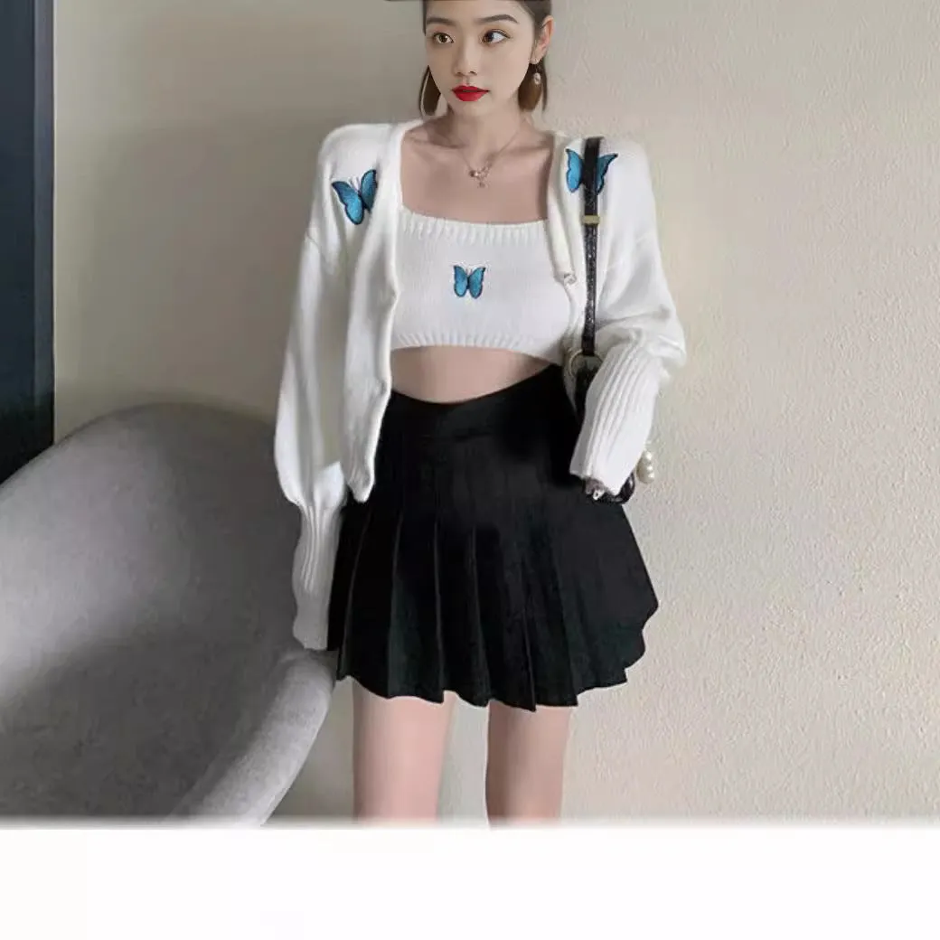 Darianrojas outfit Autumn New Korean Style Preppy Style Butterfly Embroidered Princess Sleeve Short Sling Coat Two-Piece Cardigan for Women