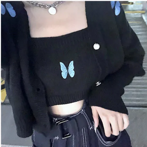 Darianrojas outfit Autumn New Korean Style Preppy Style Butterfly Embroidered Princess Sleeve Short Sling Coat Two-Piece Cardigan for Women