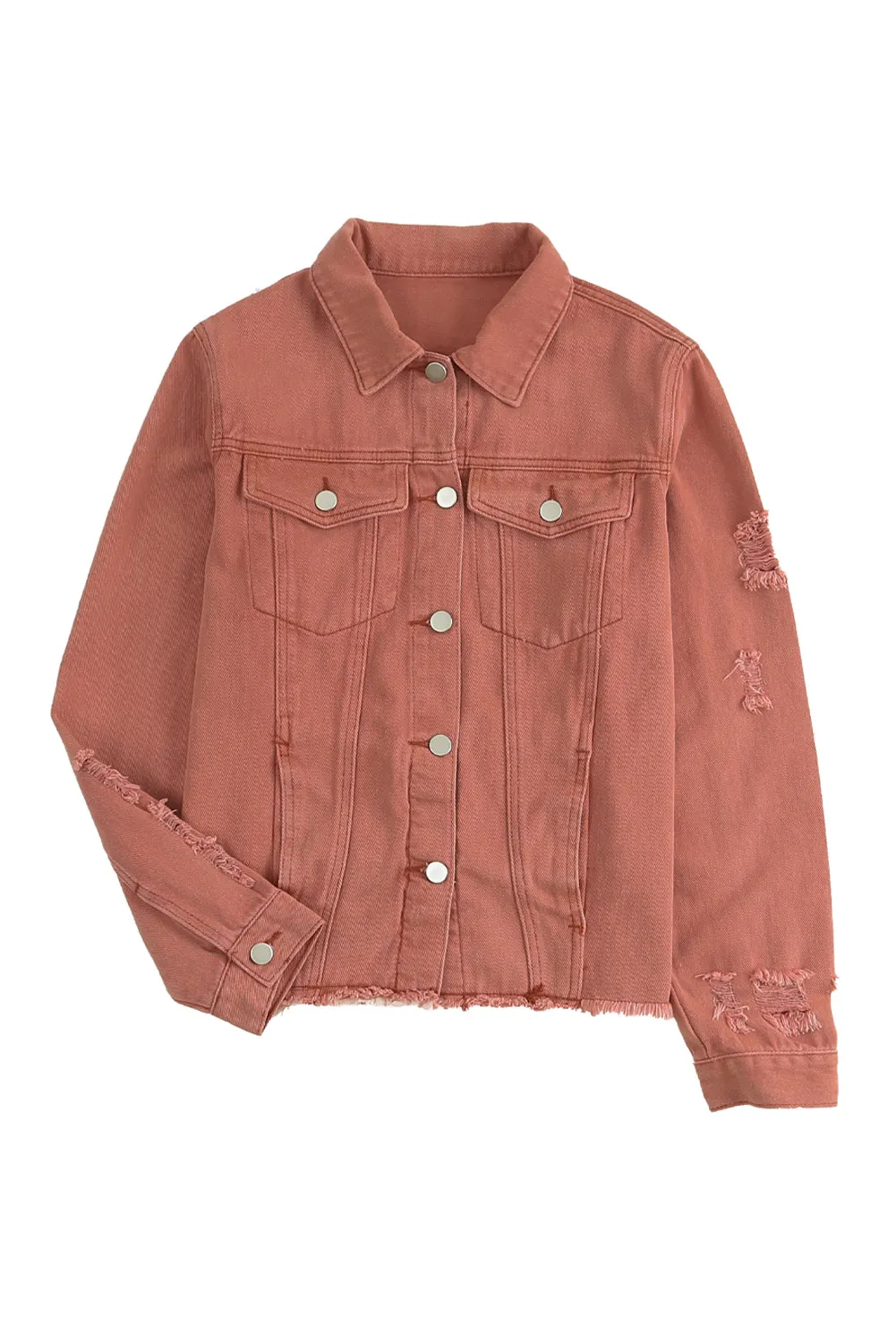 Dark Blue Lapel Distressed Raw Hem Buttons Denim Jacket