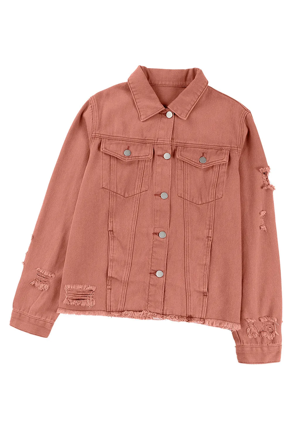 Dark Blue Lapel Distressed Raw Hem Buttons Denim Jacket