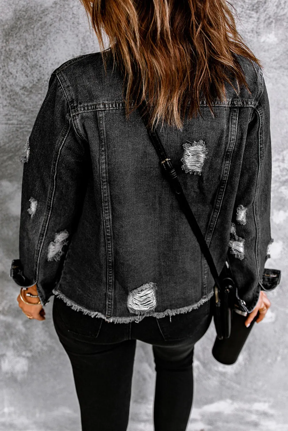 Dark Blue Lapel Distressed Raw Hem Buttons Denim Jacket
