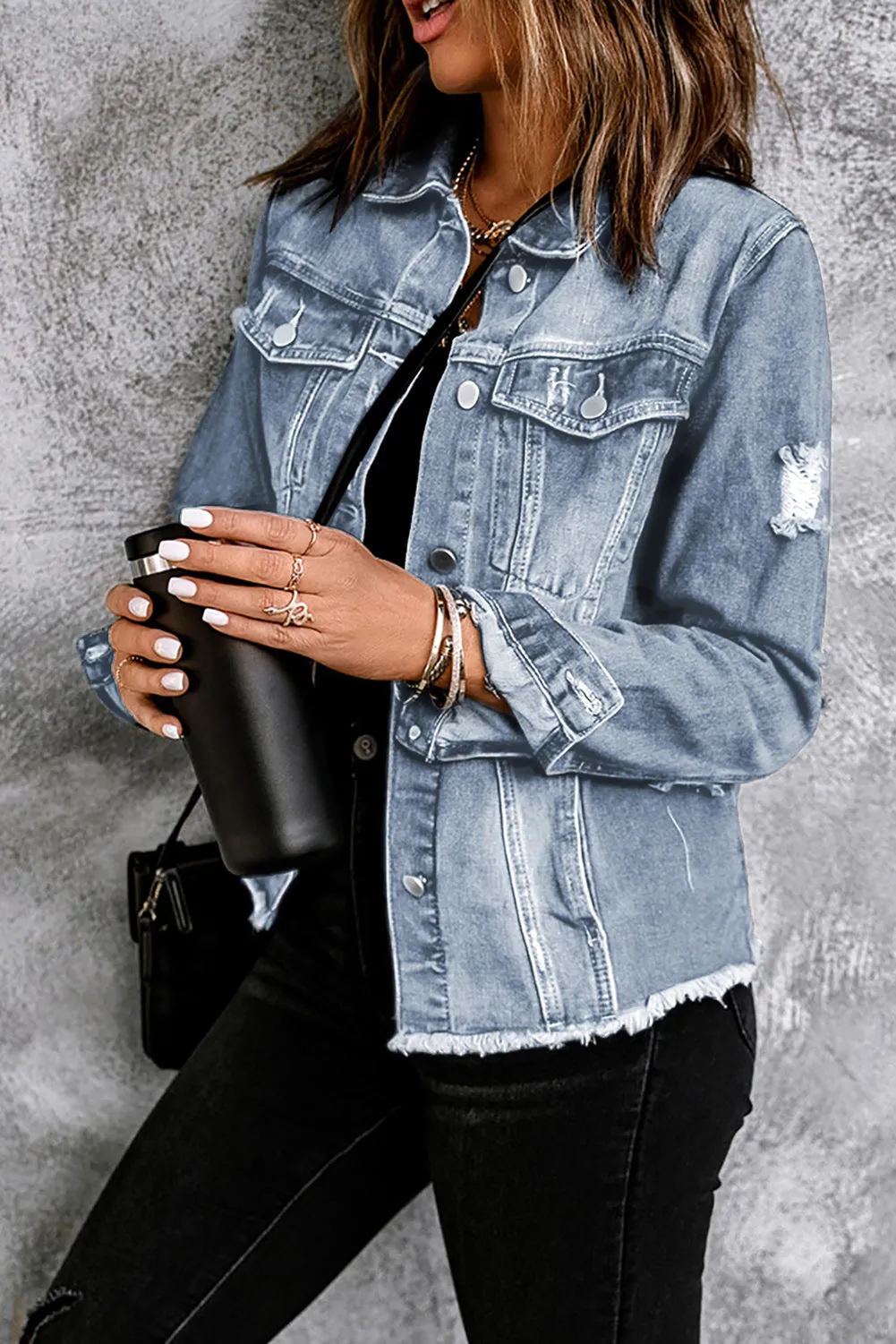 Dark Blue Lapel Distressed Raw Hem Buttons Denim Jacket