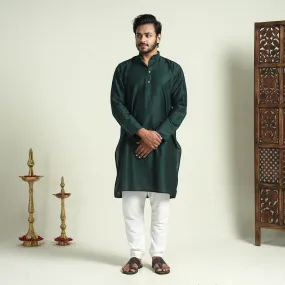 Dark Green - Plain Dyed Slub Silk Men Long Kurta