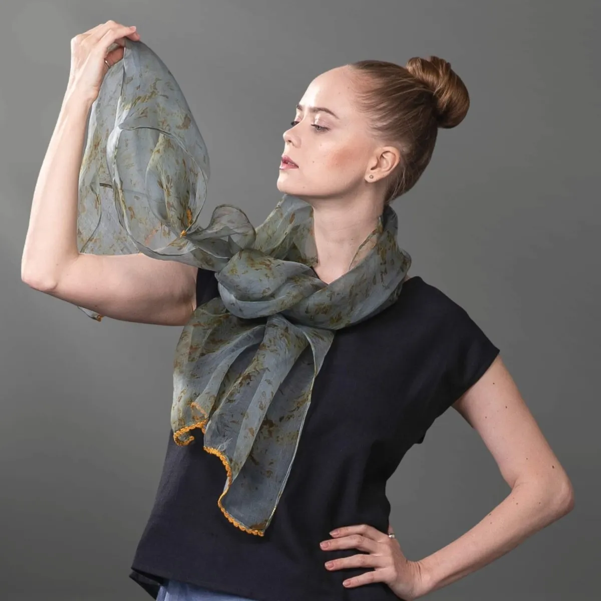 Dark Ocean Marigold Handmade Organza Silk Natural Dyed Long Scarf/ Stole