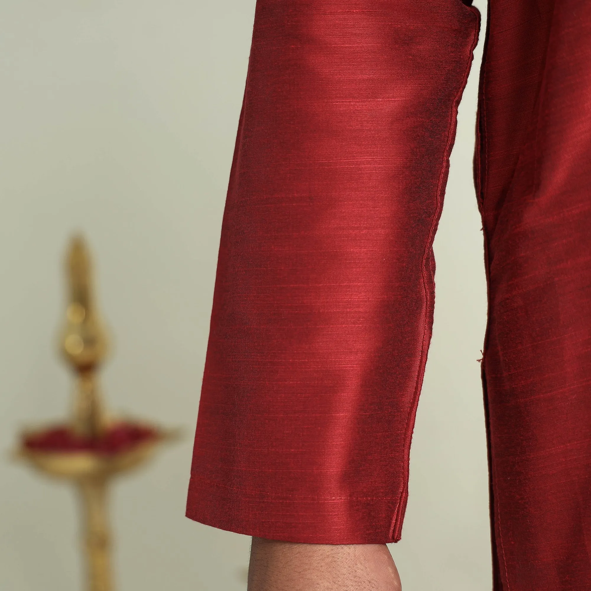 Dark Red - Plain Dyed Slub Silk Men Long Kurta