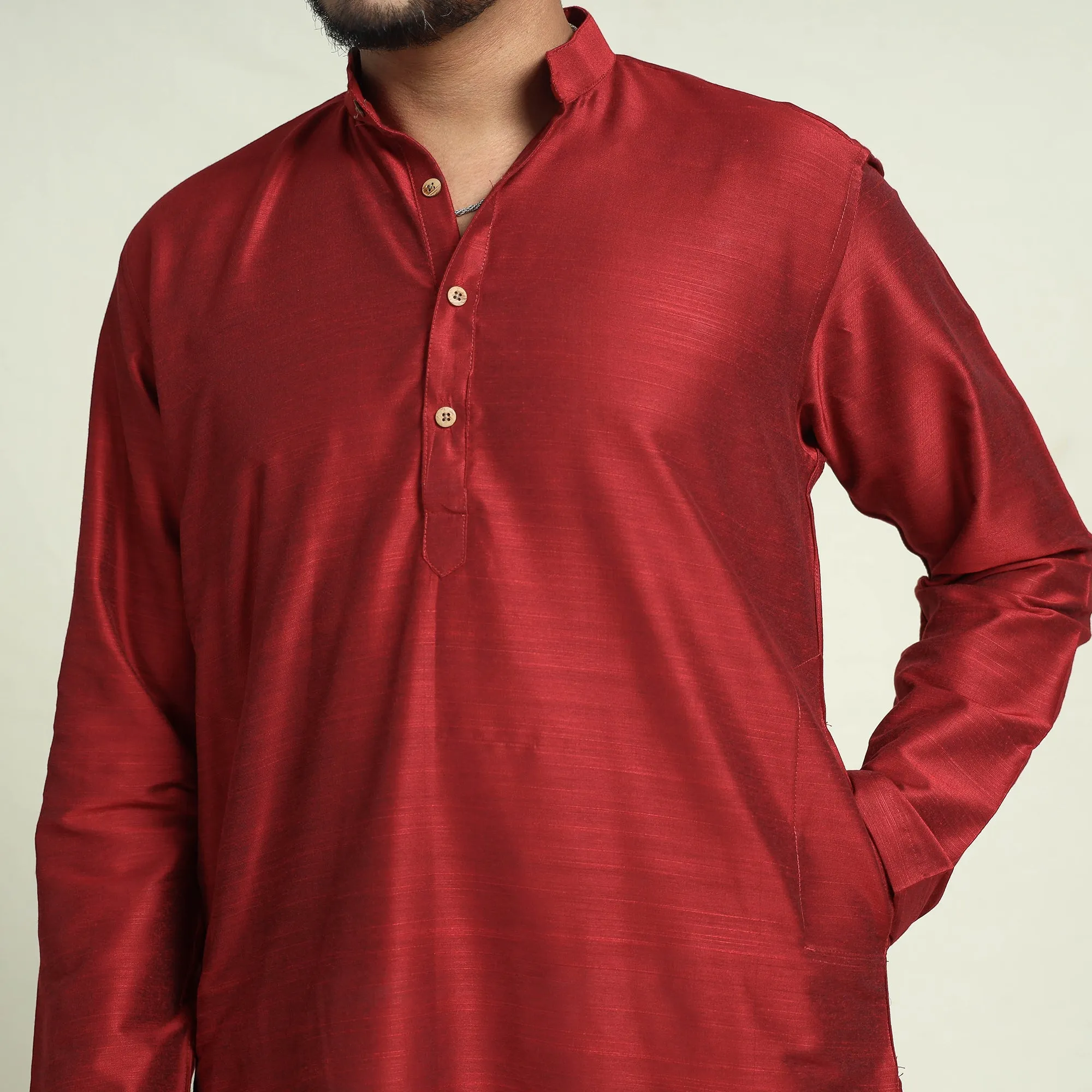 Dark Red - Plain Dyed Slub Silk Men Long Kurta