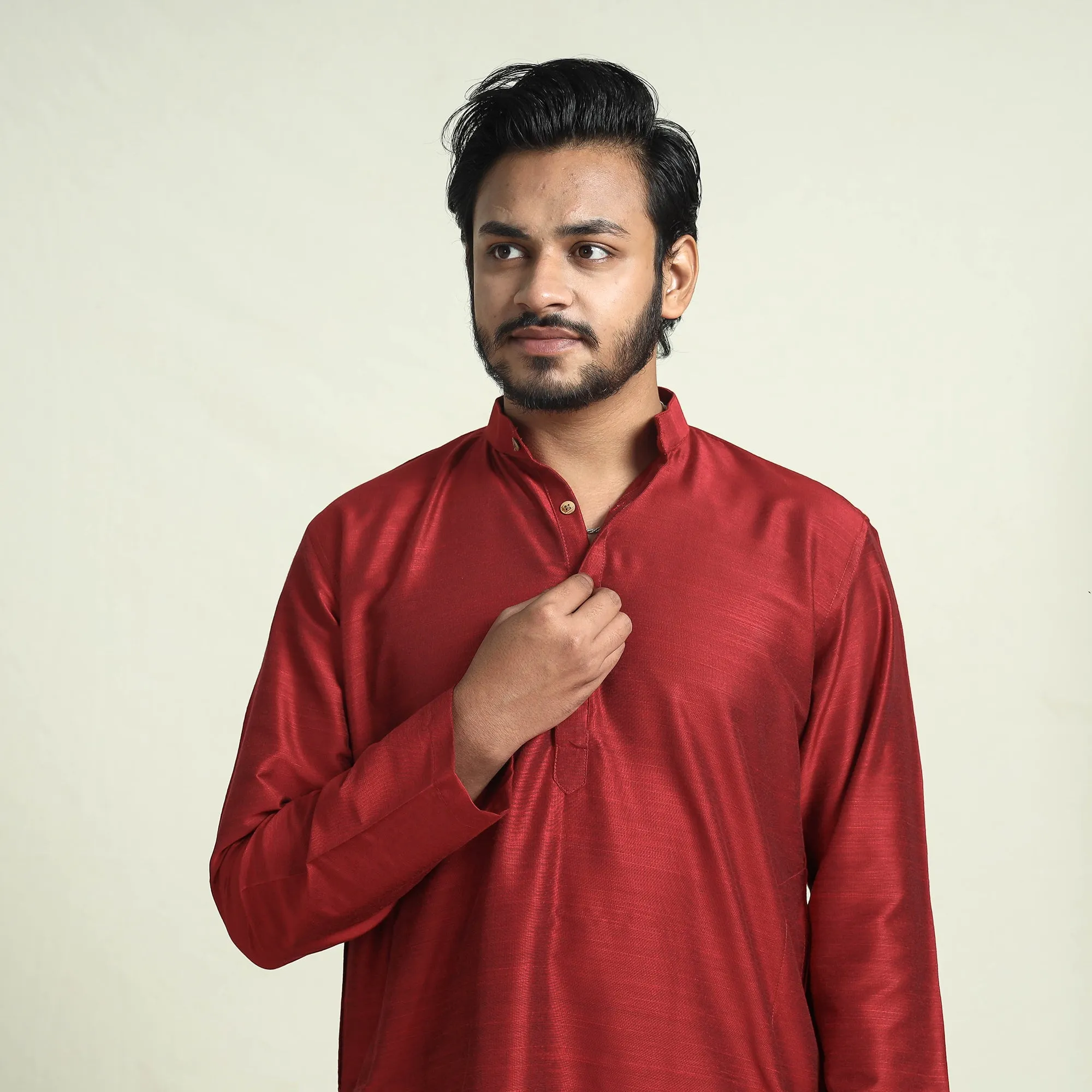 Dark Red - Plain Dyed Slub Silk Men Long Kurta