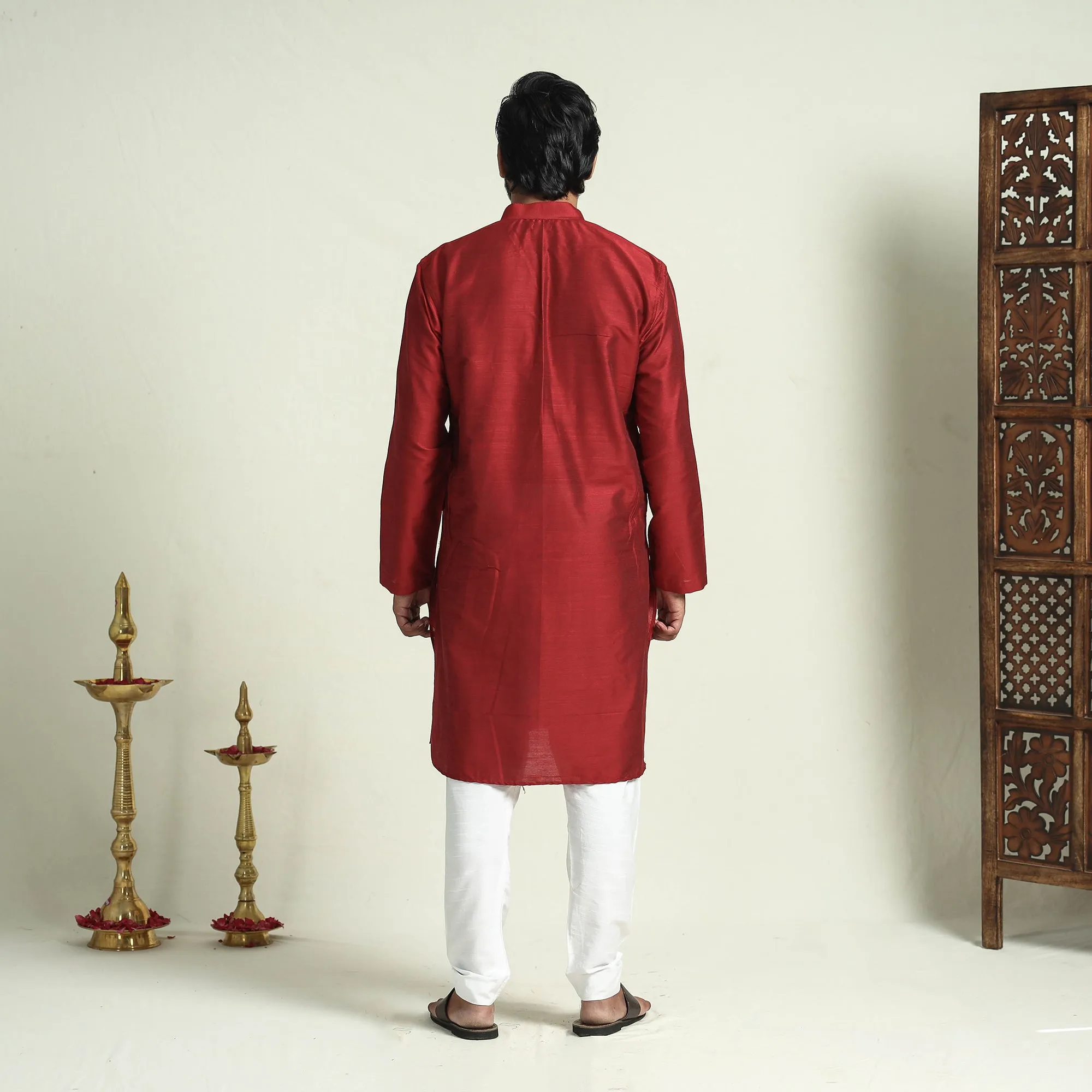 Dark Red - Plain Dyed Slub Silk Men Long Kurta