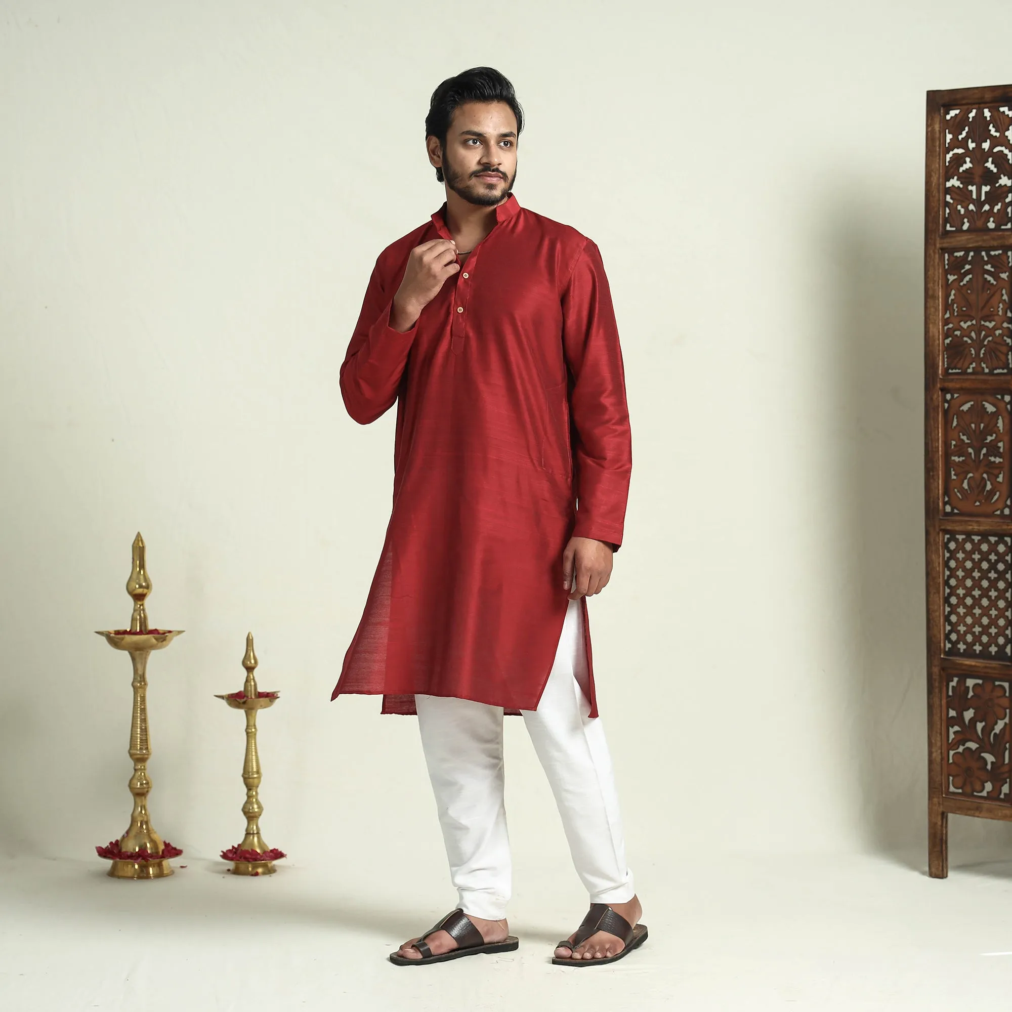 Dark Red - Plain Dyed Slub Silk Men Long Kurta