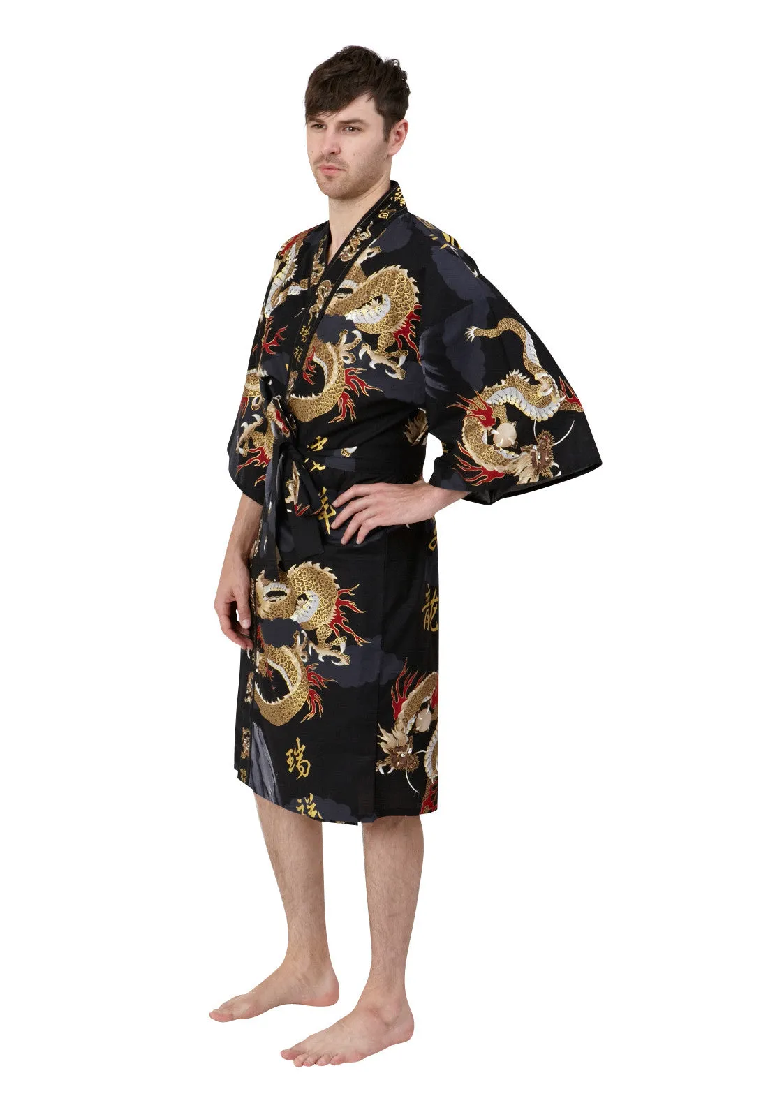 Dragon & Mt Fuji Short Cotton Kimono Black