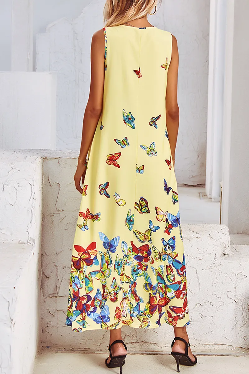 Dunnmall Elegant Butterfly Print Split Joint Pocket V Neck A Line Dresses