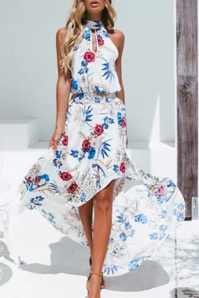 Dunnmall Elegant Floral Hollowed Out Frenulum Halter Irregular Dress Dresses