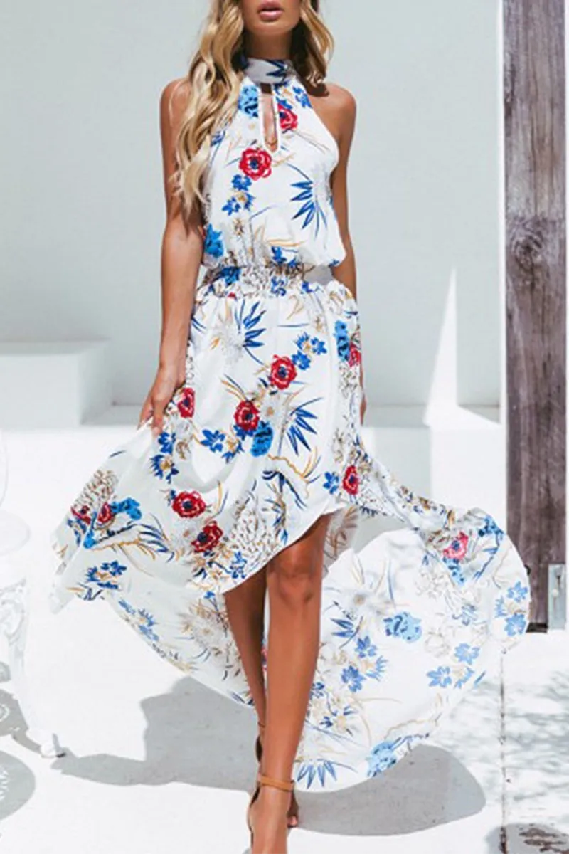 Dunnmall Elegant Floral Hollowed Out Frenulum Halter Irregular Dress Dresses