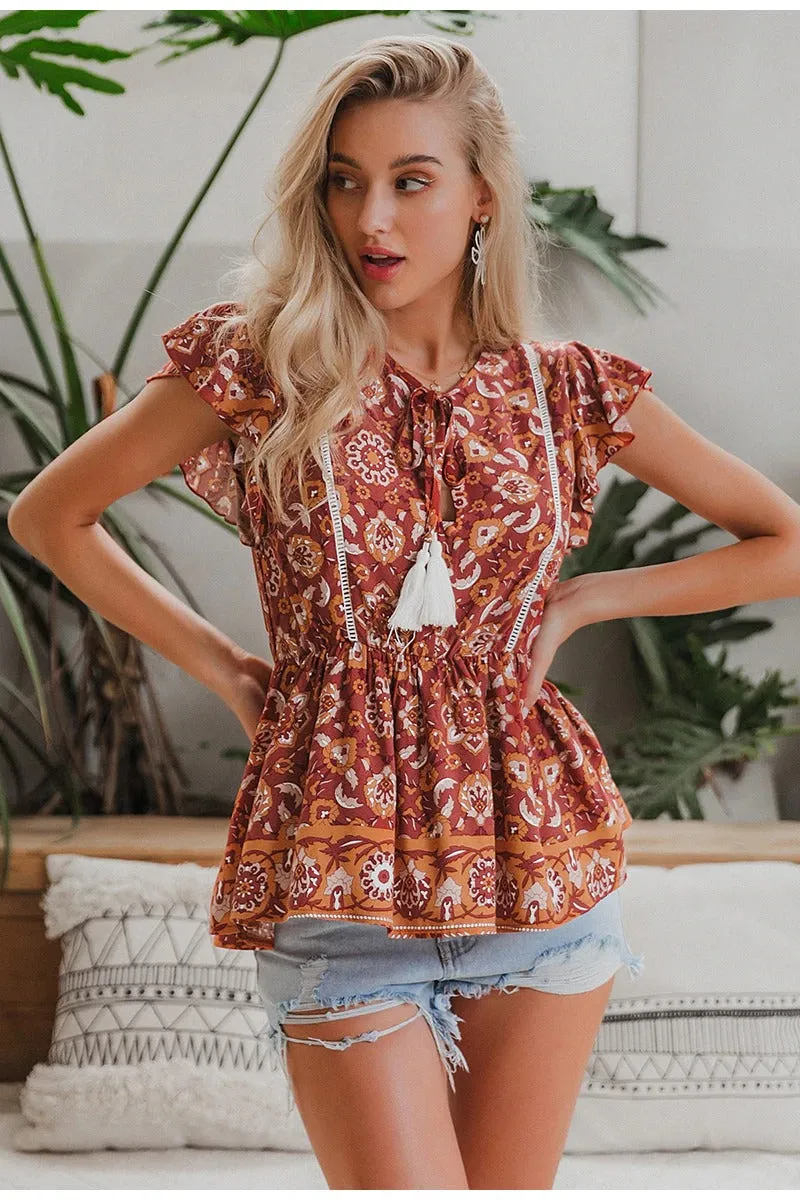 Elegant Blouse Cotton Tassel Red Sexy Top Boho V Neck Holiday Summer Tank Top